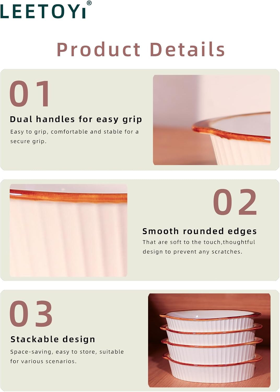 LEETOYI Porcelain Small Oval Au Gratin Pans, Baking Dish Set for 1 or 2 person servings, Bakeware with Double Handle for Kitchen and Home, Set of 2 (White/Brown)