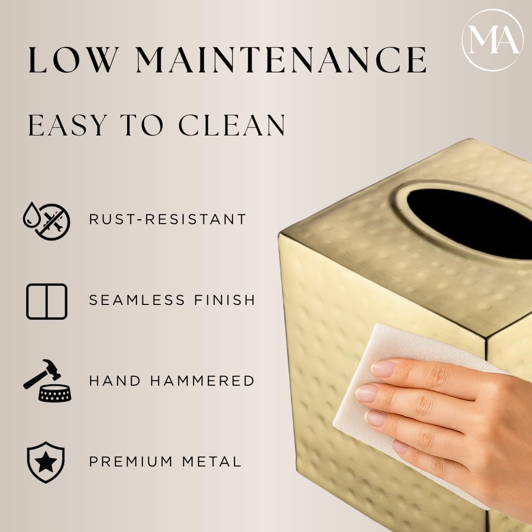 Monarch Abode Tissue Box Cover Square – Hand Hammered Brushed Gold Metal Tissue Holder Box for Bathroom Accessory, Aesthetic Decorative Facial Napkin Cube for Modern Home Decor