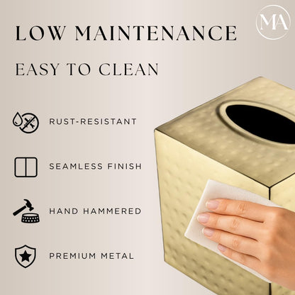 Monarch Abode Tissue Box Cover Square – Hand Hammered Brushed Gold Metal Tissue Holder Box for Bathroom Accessory, Aesthetic Decorative Facial Napkin Cube for Modern Home Decor