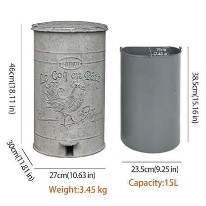 Rustic Farmhouse Decor Trash Can with Lid and Pedal Retro Handmade Distressed Design Rooster Pattern Round Garbage Cans Recycling Waste Bin for Home Patio Yard Bathroom Kitchen Garden Living Room Park