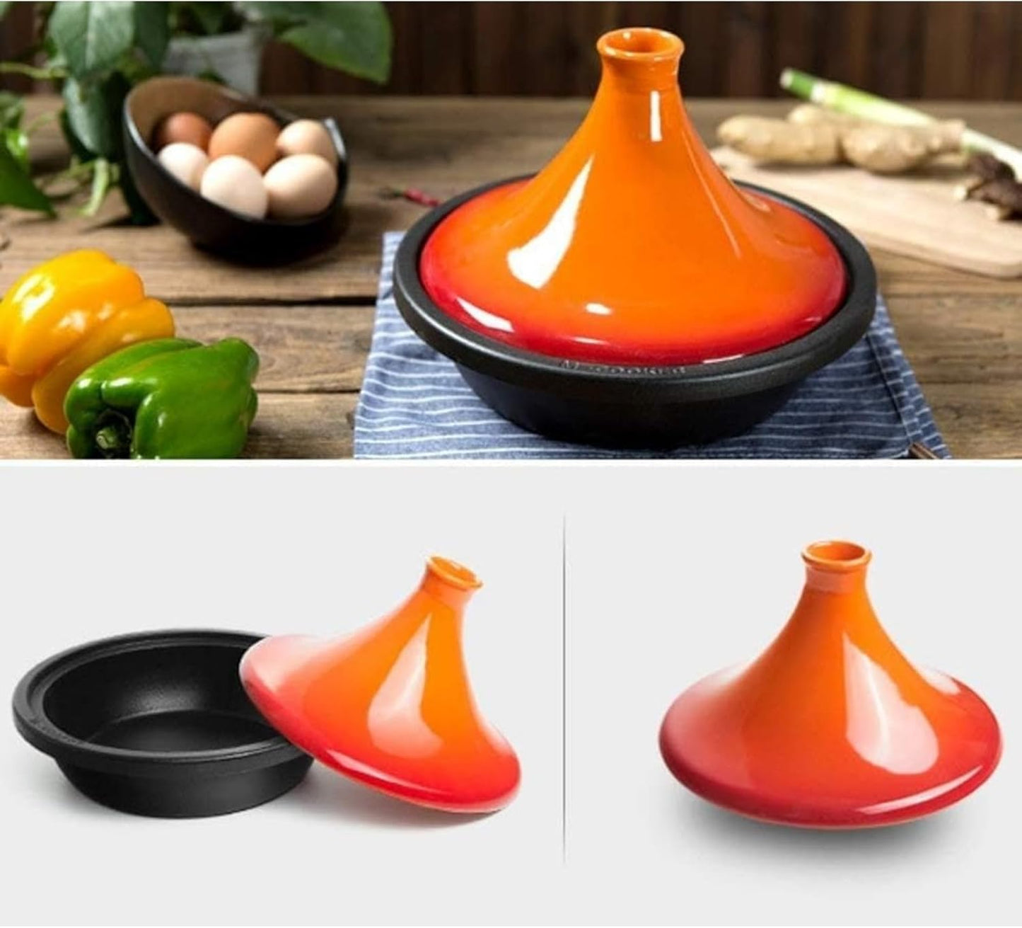 10in Ceramic Tagine Pot with Enameled Cast Iron Base and Cone-Shaped Lid for Braising Slow Cooking Clay Pot Induction Cooker (Orange)