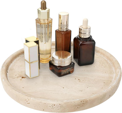 Travertine Tray, Small Ceramic Vanity Tray for Bathroom Counter Decor, Round Marble Decorative Trays for Coffee Table (Beige, Large Size)