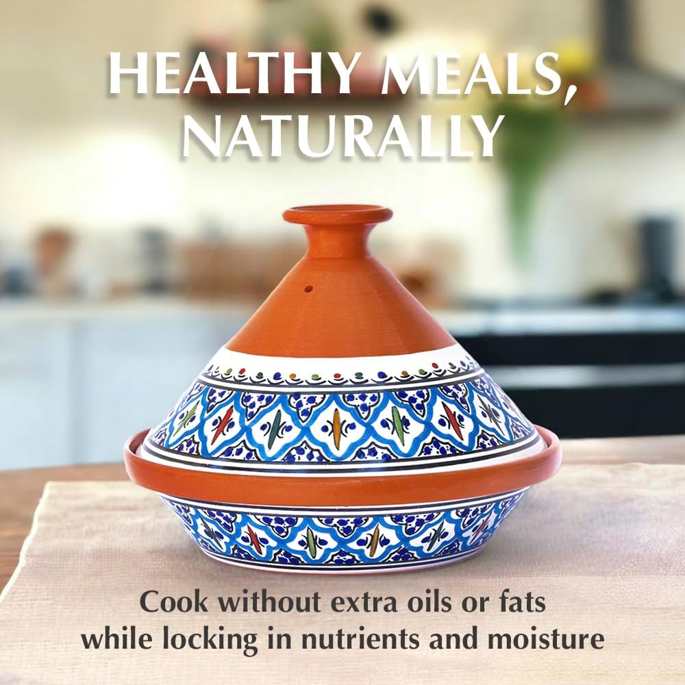 Kamsah Tagine Pot for Cooking and Flavor Enrichment - Medium Clay Pot 10”, 3.1 QT - Non-Stick Handmade Cookware - Moroccan Ceramic Pots for Cooking with Lid & Serving Bowl - Bohemian Supreme Turquoise