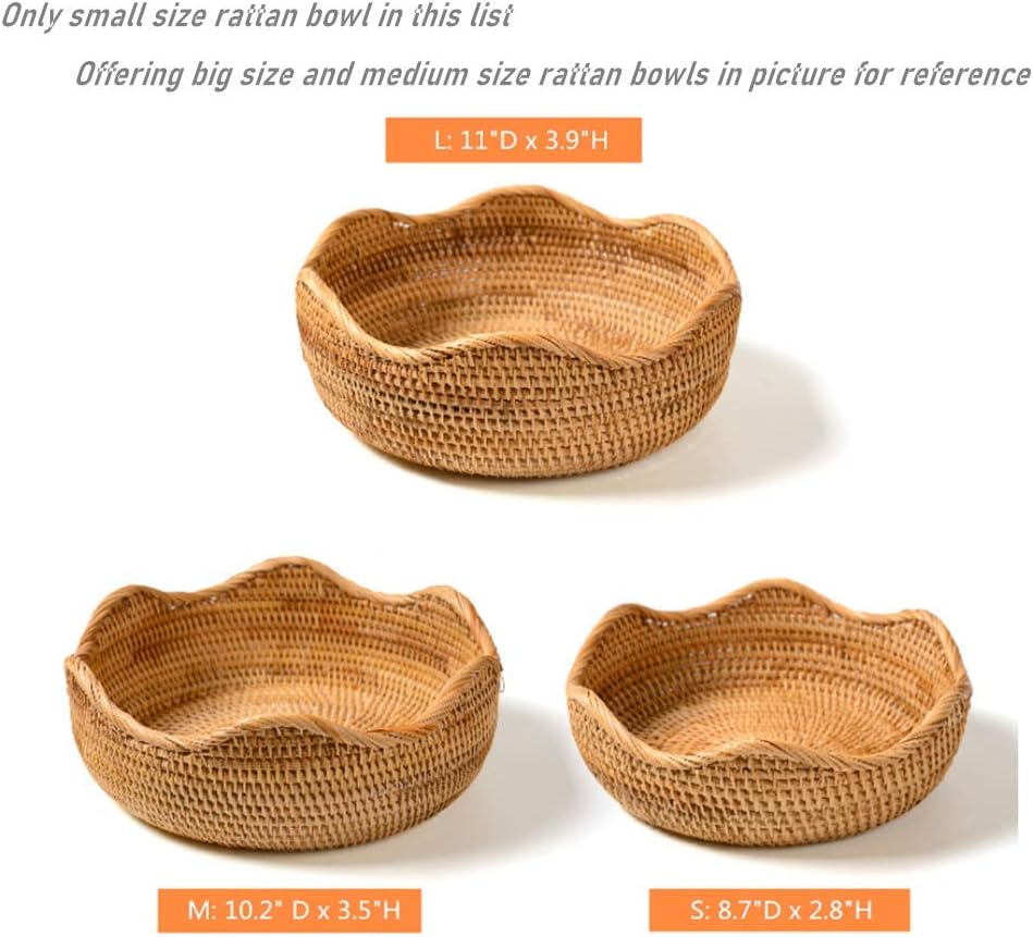 Handmade Rattan Round Fruit Basket Food Storage Bowls Kitchen Organizer Snack Serving Bowl Wavy Edge Circle Tray Basket, Boho Home Décor Display Tray for Coffee Table, Dining Room (Small 8.7")