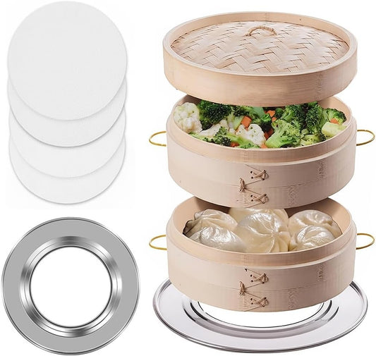 Bamboo Steamer 10-Inch 2-Tier Bamboo Steamer Basket Set with 4 Reusable Silicone Liners - Perfect for Healthy Cooking of Dumplings, Bao Buns, Vegetables, and Rice