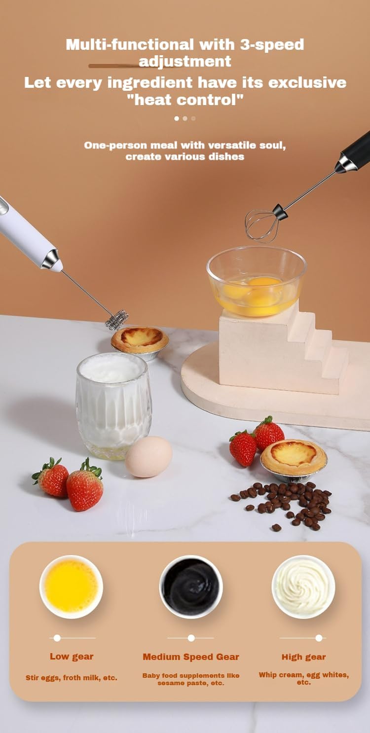 YooHooPo rechargeable milk frother handheld - 3-speed wireless electric whisk for coffee,milk & cream,usb charging