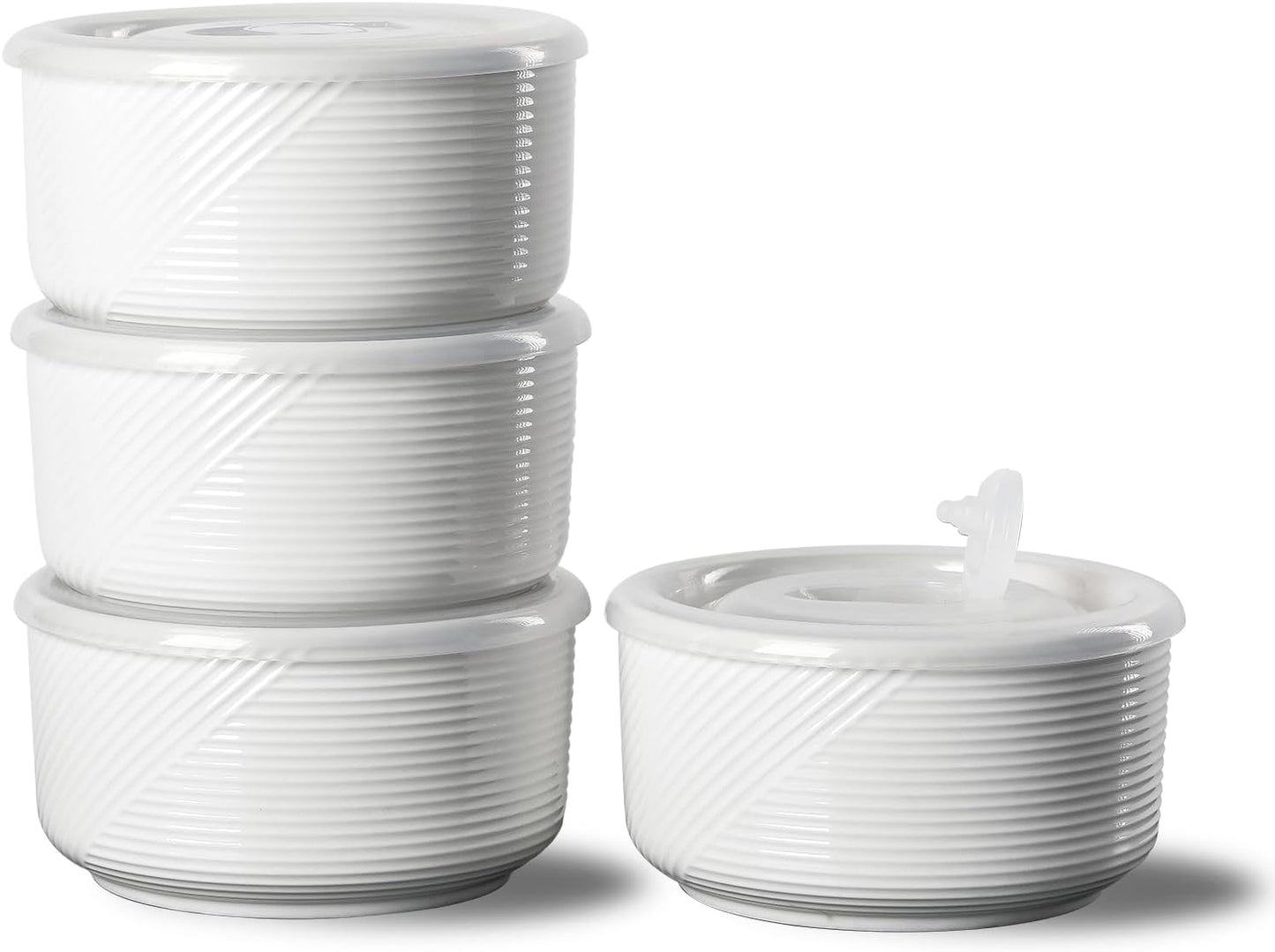 Ceramic Bowls with Lids: 20 oz Microwave Safe Food Storage Containers for Soup, Salad, Cereal, Leftovers, Meal Prep, Lunch, Picnic, Camping, Serving - Airtight, White, Set of 4