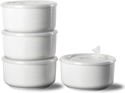 Ceramic Bowls with Lids: 20 oz Microwave Safe Food Storage Containers for Soup, Salad, Cereal, Leftovers, Meal Prep, Lunch, Picnic, Camping, Serving - Airtight, White, Set of 4