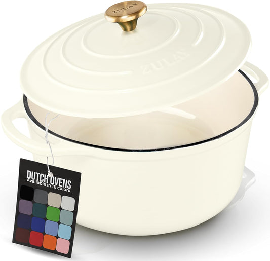 Zulay Kitchen 7.7 Quart Enameled Cast Iron Dutch Oven Pot with Lid – Premium Durability & Oven Safe up to 500°F – Heavy Duty Cookware Perfect for Bread Baking, Stews, Braising & Roasting – Ivory