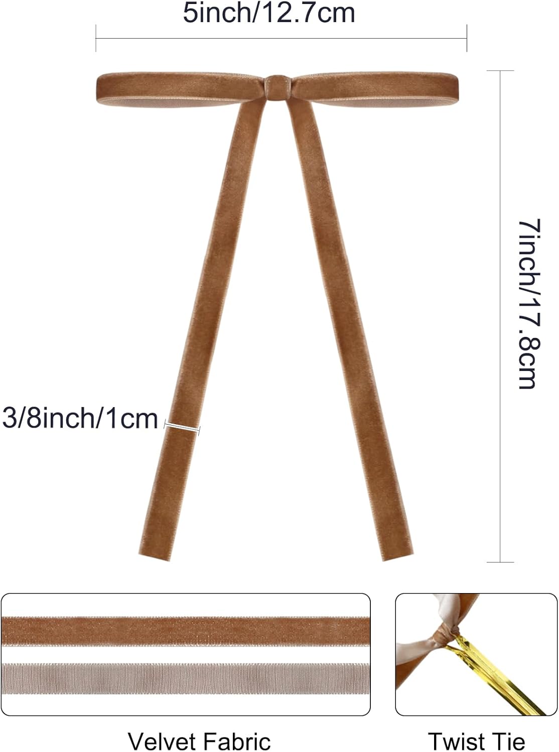 SIMISI RIBBON 24Pcs Camel Christmas Velvet Ribbon Bows Decorations Xmas Ornaments Vintage Decor for Tree, Wreath, Garland (3/8'' Width, 5 * 7 inch)