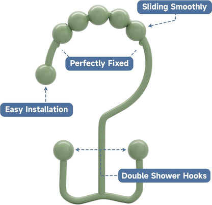 Titanker Shower Curtain Hooks Rings, Rust-Resistant Metal Double Glide Shower Hooks for Bathroom Shower Rods Curtains, Set of 12 Hooks - Sage Green