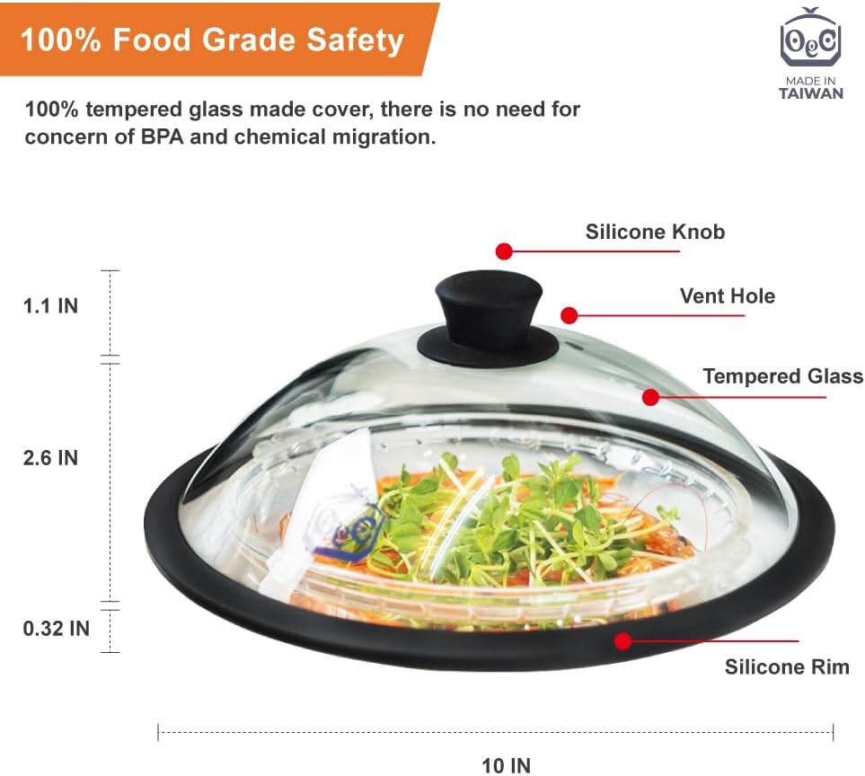 OEC Vented Splatter Guard Microwave Glass Cover for Food with Easy-Grip Handle, 10 inch Diameter, 100% Food Grade Tempered Glass & BPA Free Silicone Rim with Steam Vent, Dishwasher Safe