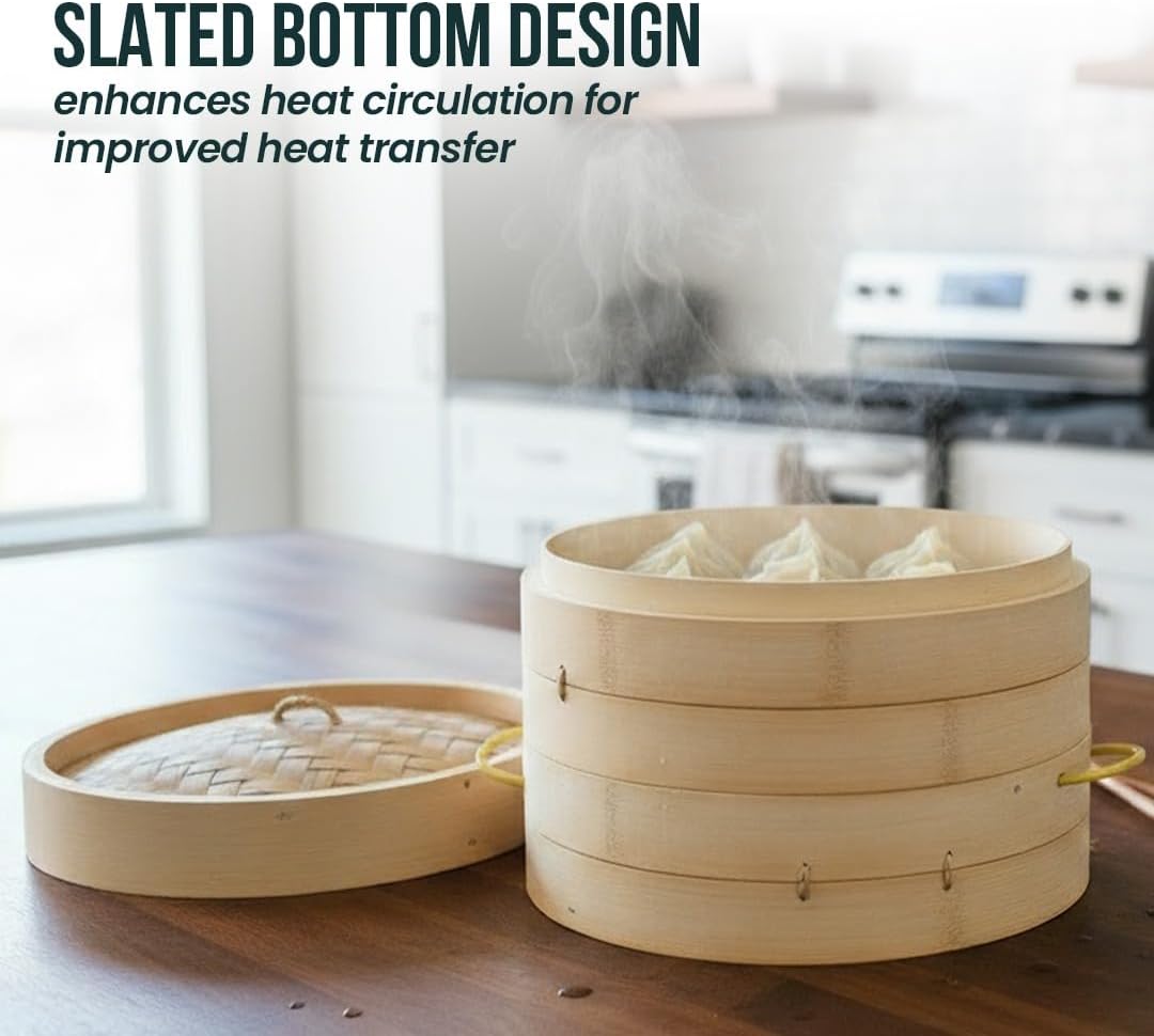 Bamboo Steamer 10-Inch 2-Tier Bamboo Steamer Basket Set with 4 Reusable Silicone Liners - Perfect for Healthy Cooking of Dumplings, Bao Buns, Vegetables, and Rice
