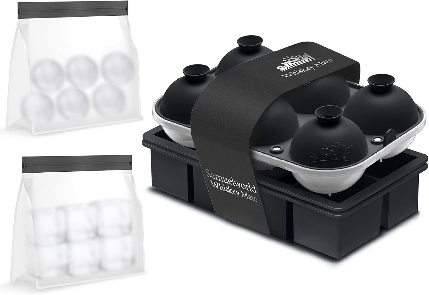 Samuelworld Premium Ice Tray Combo (16 Ice Cube/6 Ice Ball), New Upgraded Large Ice Sphere Maker Ice Cube Trays, Spill-Free Integrated Funnels, Whiskey Bourbon Cocktails Ice mold, Black(With Ice Bags)