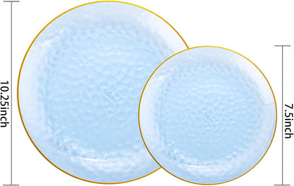 Rubtlamp 60Pcs Clear Blue Plastic Plates, Hammered Blue Plates, Clear Fancy Disposable Plates With Gold Rim Include 30 Dessert Plates, 30 Dinner Plates for Party