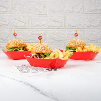 Restaurantware Bio Tek 6 Ounce Boat Paper Boats 50 Disposable #40 Food Trays - PE Lining Durable Red Paper Food Baskets For Concession Stands Picnics or Fairs Stackable