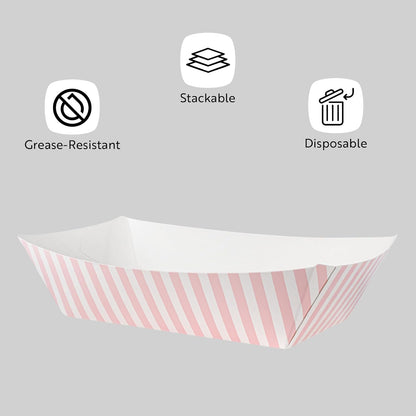 Restaurantware Bio Tek 2 Pound Food Boats 200 Disposable Paper Food Trays - Heavy-Duty Greaseproof Pink And White Paper Boats For Snacks Appetizers Or Treats Use At Parties Or Carnivals