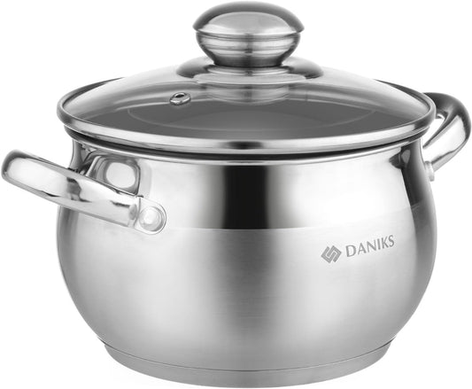 Daniks Classic 2 Quart Stainless Steel Stock Pot with Glass Lid, Tri-Ply Bottom for Even Heating, Induction Compatible, Dishwasher Safe
