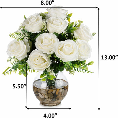 ENOVA FLORAL 18 Heads Silk Rose Artificial Flowers in Vase,Faux Rose Flowers Arrangement in Round Bowl Vase with Faux Water and River Rock for Table Decor Centerpieces (Cream)