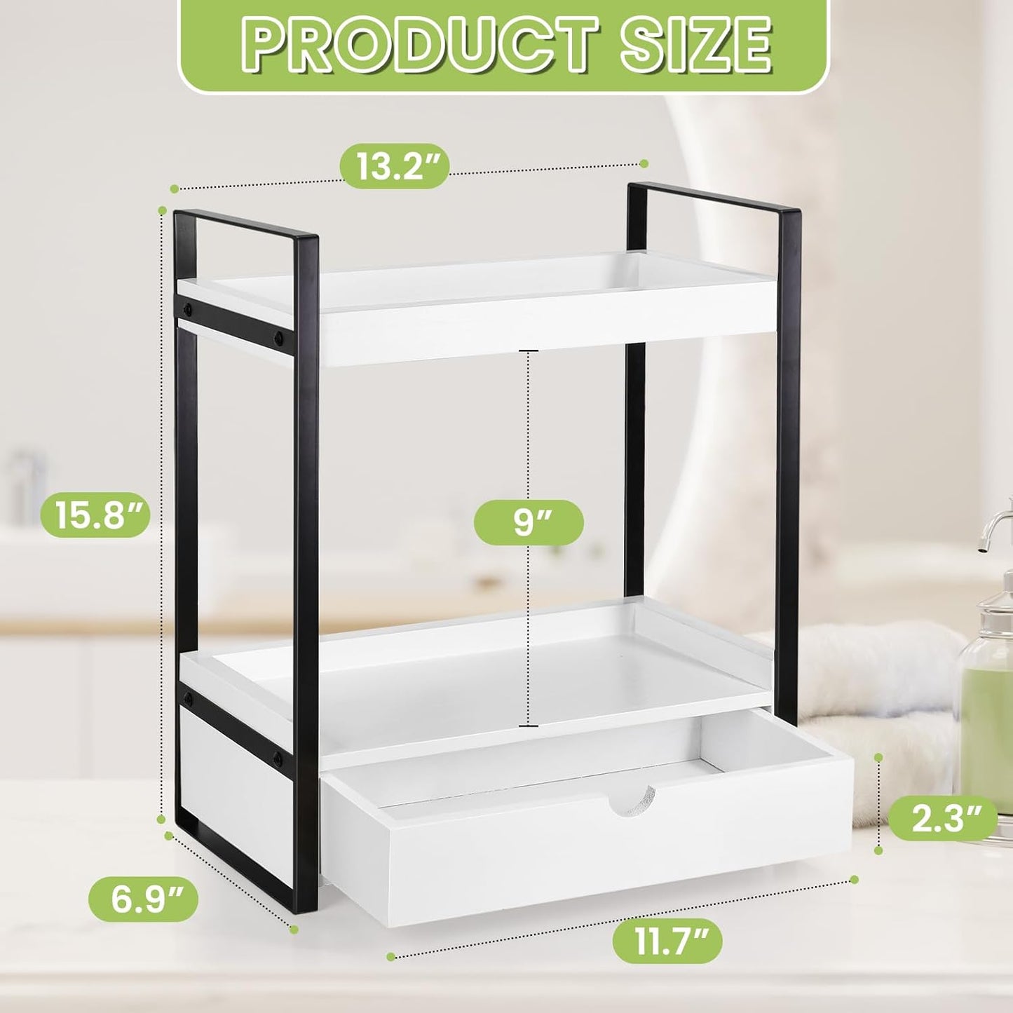 2-Tier Wooden Counter Shelf with Drawer, Vanity Tray for Organization and Decor, Countertop Organizer for Bathroom and Kitchen