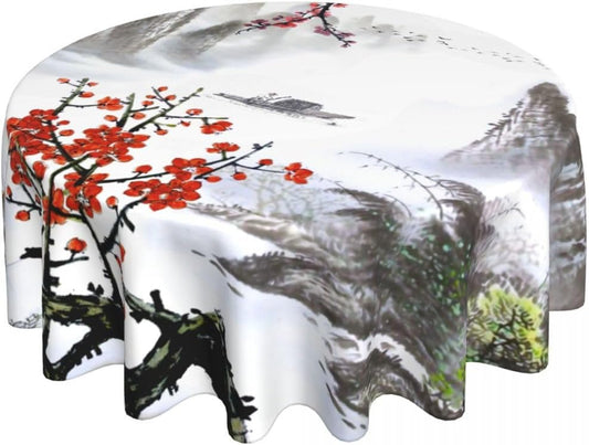 Chinese Landscape Tablecloth, Traditioanal Cherry Blossom Japanese Oriental Vintage Eastern Water Resisitant Wipeable Table Cover for Dining Kitchen Living Room Home Party Holiday Decor 36 inch Round