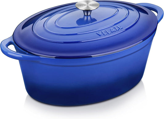 Velaze 7.5 QT Enameled Oval Dutch Oven Pot with Lid, Cast Iron Dutch Oven with Dual Handles for Bread Baking, Cooking, Frying, Non-stick Enamel Coated Cookware（Blue)