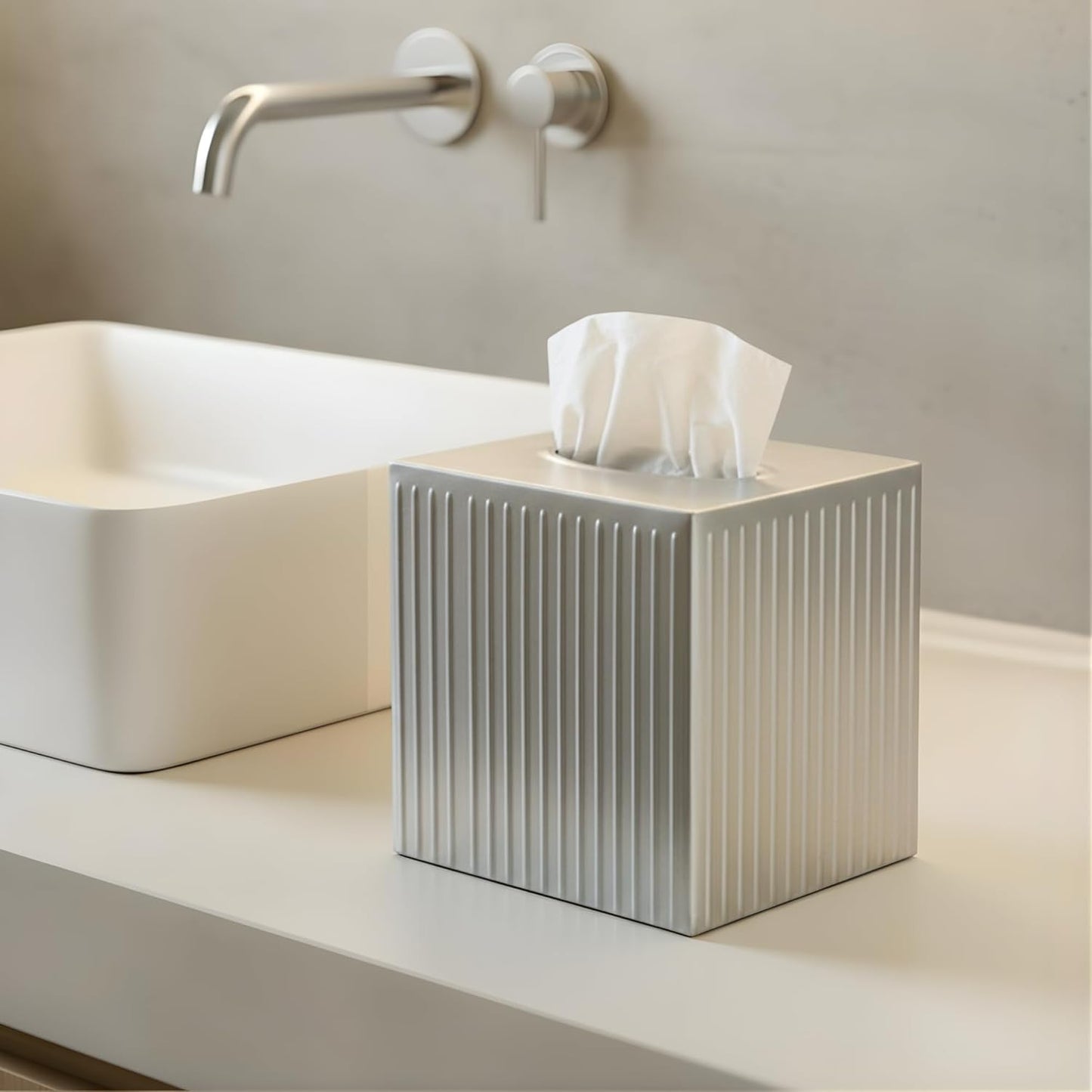 Monarch Abode Tissue Box Cover Square – Handcrafted Ridge Embossed Pewter Metal Tissue Holder Box for Bathroom Accessory, Aesthetic Decorative Facial Napkin Cube for Modern Home Decor