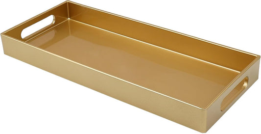 Plastic Gold Vanity Tray with Handles, Small Decorative Tray Desktop Storage Organizer for Bathroom, Living Room, 13.7"*5.9"*1.37"
