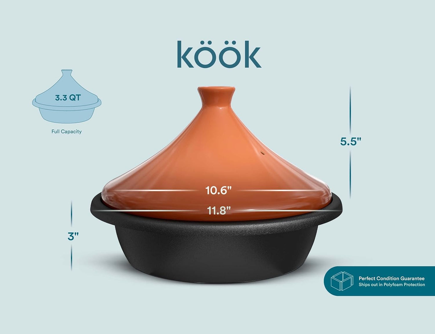KooK Moroccan Tagine, Enameled Cast Iron Cooking Pot, Tajine with Ceramic Cone-Shaped Closed Lid, 3.3 QT, (Terracotta)