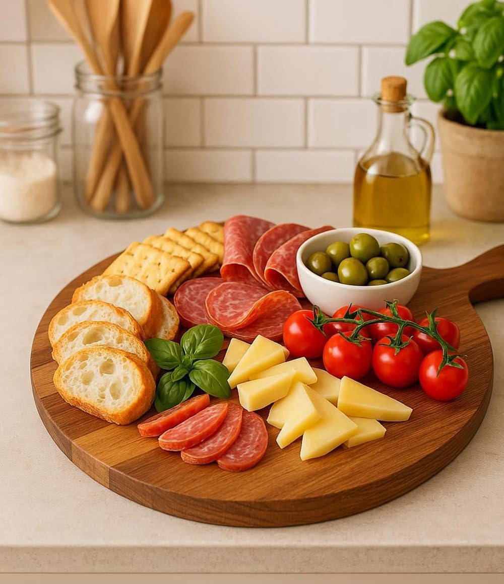Acacia Wood Cutting Board Round, 16" × 12" × .78" Wooden Chopping Board Round Cutting Boards for Kitchen Charcuterie Board Paddle Carving Butter Serving Tray for Cheese Meat Fruit Pizza Bread