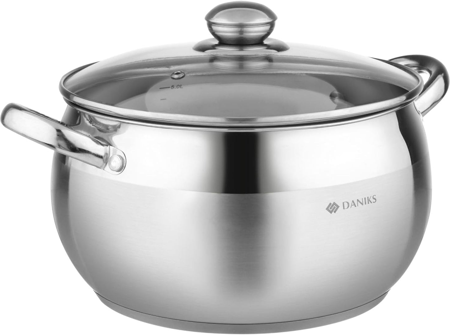 Daniks Classic 6 Quart Stainless Steel Stock Pot with Glass Lid, Tri-Ply Bottom for Even Heating, Induction Compatible, Dishwasher Safe