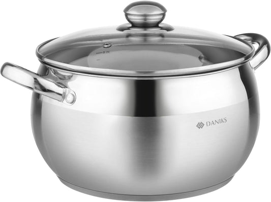 Daniks Classic 4 Quart Stainless Steel Stock Pot with Glass Lid, Tri-Ply Bottom for Even Heating, Induction Compatible, Dishwasher Safe