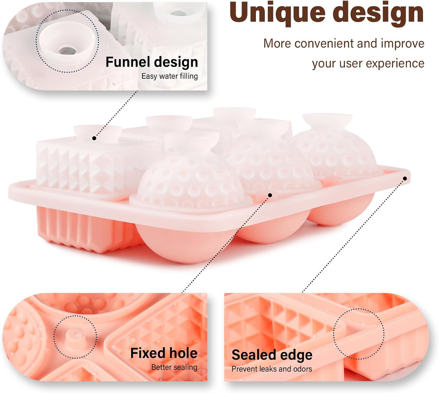 Acomler Large Silicone Ice Cube Tray, 3 Big Crystal Cubes & 3 Sphere Golf Ice Tray, BPA Free Ball Ice Molds, Ice Cube Mold with Funnel for Whiskey, Cocktails, 6 Holes Fun Shape Ice Maker Mold (Pink)