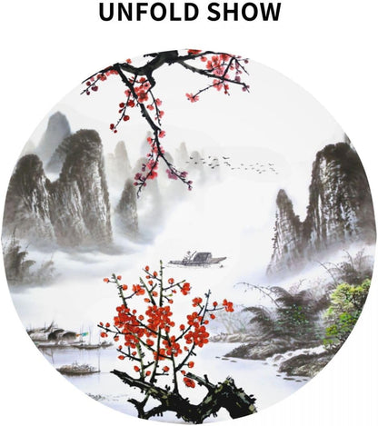 Chinese Landscape Tablecloth, Traditioanal Cherry Blossom Japanese Oriental Vintage Eastern Water Resisitant Wipeable Table Cover for Dining Kitchen Living Room Home Party Holiday Decor 60 inch Round