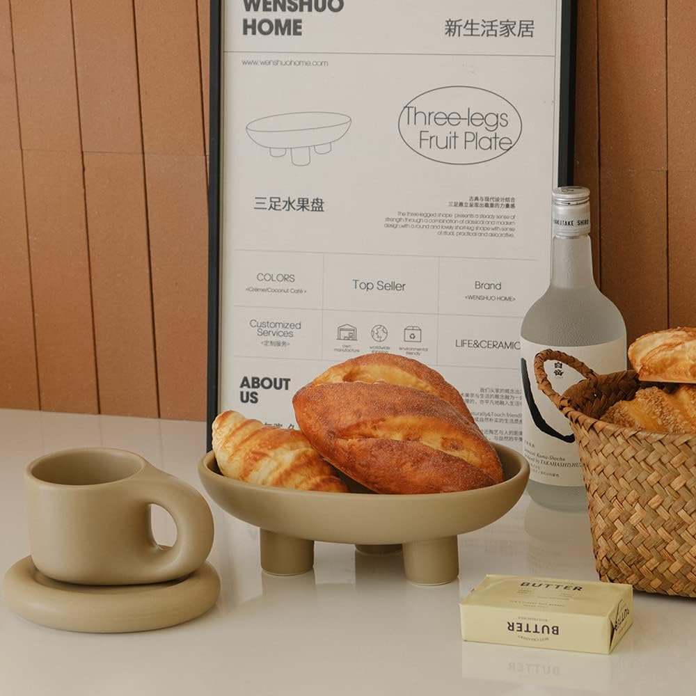 WENSHUO Three-Legs Ceramic Fruit Bowl for Kitchen Counter, Decorative Bowl for Table Décor, 10-inch Oval Large Bowls for Breads (Coconut Café)