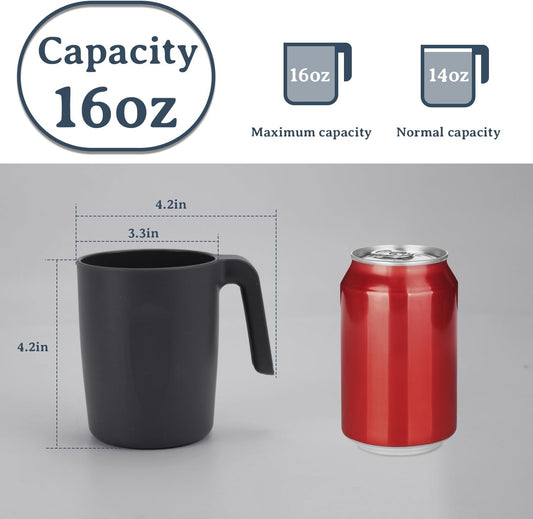 Wrova 16oz Wheat Straw Cups with handles set of 6-Plastic Cups Reusable-Unbreakable Kids Mugs-Dishwasher Safe & Microwave Safe-Ideal Plastic Mugs for Tea,Coffee,Camping,RV-Black