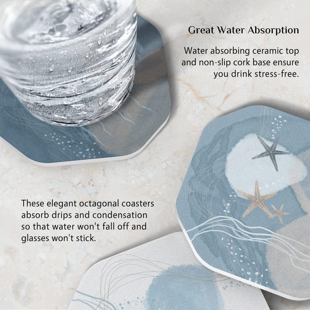 UMIRRO Ceramic Stone Coasters for Drinks Absorbent with Holder, Coastal Themed Design for Beach Lovers, Ocean Inspired Stoneware Cup Coasters for Wooden Coffee Table, 4", Octagonal, Blue, 6 Pack