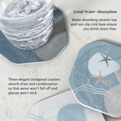 UMIRRO Ceramic Stone Coasters for Drinks Absorbent with Holder, Coastal Themed Design for Beach Lovers, Ocean Inspired Stoneware Cup Coasters for Wooden Coffee Table, 4", Octagonal, Blue, 6 Pack