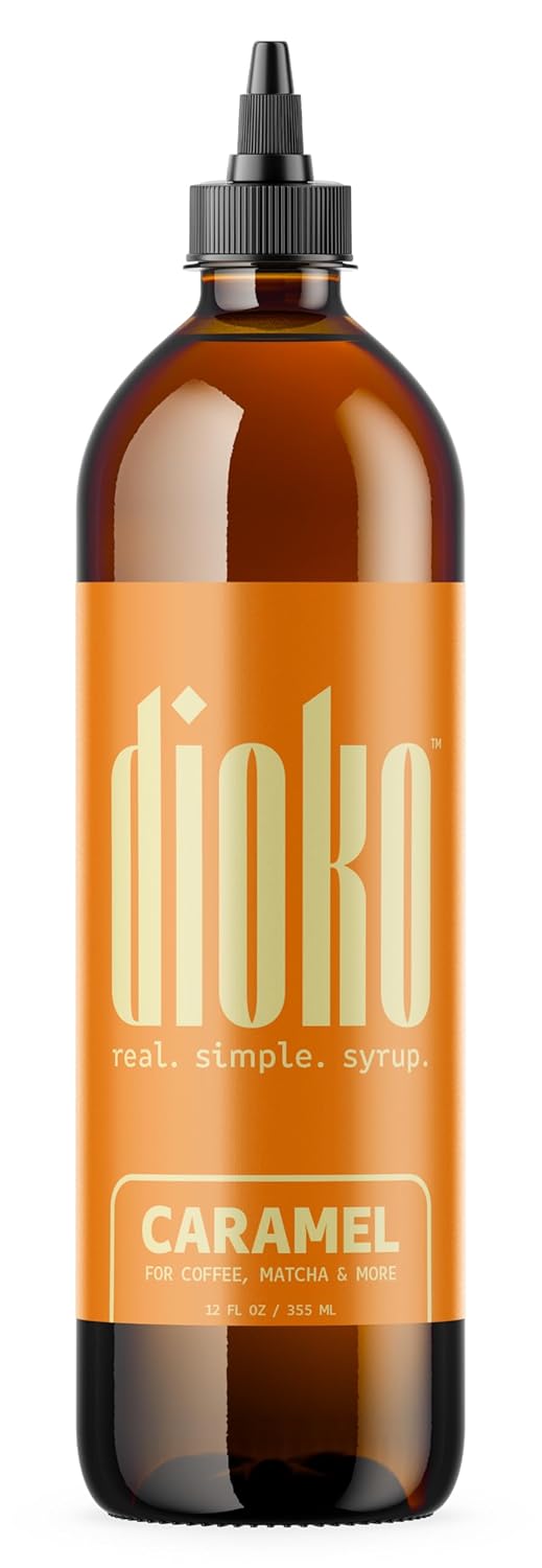 Dioko Simple Syrup, 12 fl. oz Premium Coffee & Dessert Syrup with Easy Pour Spout | No Artificial Dyes or Colors | Perfect for Lattes, Iced Coffee, Cocktails, Pancakes & More (Caramel)