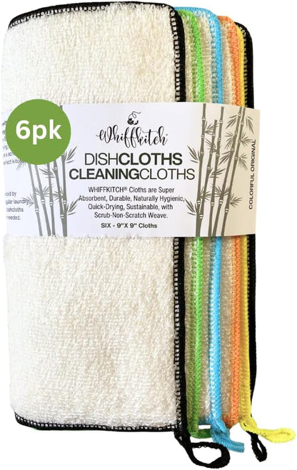 Whiffkitch Dishcloths Dishrags for Kitchen and Household Cleaning 9x9 6-Pack Non-Scratch 2-Ply Weave, Bamboo-Rayon Fabric, Absorbent, Washable, Long-Lasting