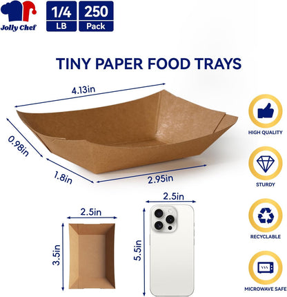 JOLLY CHEF 250 Pack 1/4 Lb Paper Food Trays, Mini Disposable Boat, Paper Food Serving Tray for Snack Dessert Taco Nacho (Tiny)