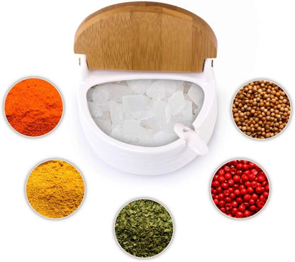 Ceramic Sugar Salt Bowl with Bamboo Lid and Spoon, LUCKY GODDNESS 9.1 fl oz Porcelain Container Jar for Pepper with Chalkboard Label, for Housewarming