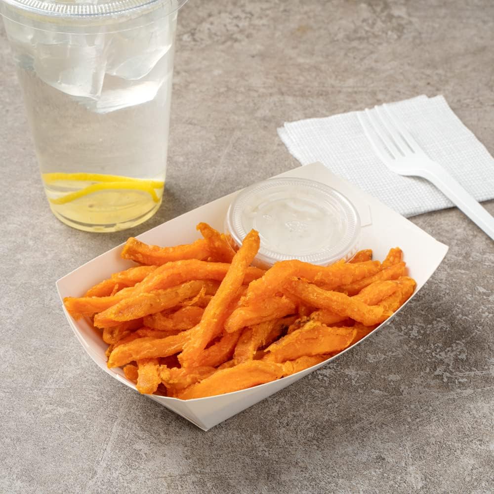 Restaurantware-Bio Tek 1/2 Pound Food Boats, 50 Disposable Paper Food Trays - Heavy-Duty, Greaseproof, White Paper Boats, For Snacks, Appetizers, Or Treats, Use At Parties Or Carnivals