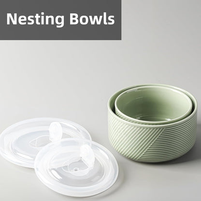 Ceramic Nesting Bowls with Lid: Microwave Safe Food Storage Containers for Work Lunch Picnic Camping Meal Prep Soup Salad Cereal Leftovers - 5 & 6 Inch, 20 & 32 oz, Set of 2, Green