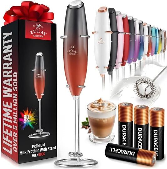 Zulay Kitchen Powerful Milk Frother Wand With 4 AA Duracell Batteries - Ultra Fast Handheld Drink Mixer - Electric Whisk Foam Maker for Coffee, Lattes, Cappuccino, Matcha & Creamer