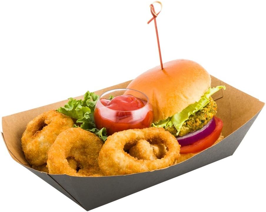 Restaurantware Bio Tek 2-pound Food Boats 200 Disposable Paper Food Trays - Heavy-Duty Greaseproof Black Paper Food Boats For Snacks Appetizers Or Treats Use At Parties Or Carnivals