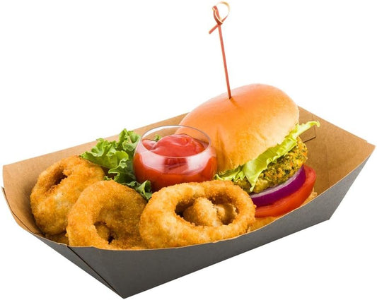 Restaurantware Bio Tek 2-pound Food Boats 200 Disposable Paper Food Trays - Heavy-Duty Greaseproof Black Paper Food Boats For Snacks Appetizers Or Treats Use At Parties Or Carnivals