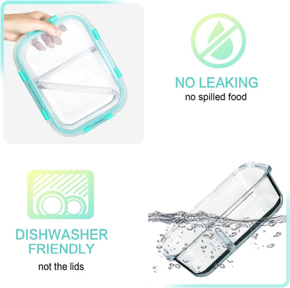 [5-Pack,36 Oz]Glass Meal Prep Containers 2 Compartments Portion Control with Upgraded Snap Locking Lids Glass Food Storage Containers, Microwave, Oven, Freezer and Dishwasher (4.5 Cups, Green)