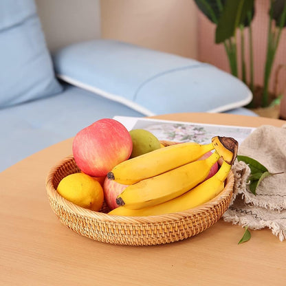 I-lan 10 Inch Round Bread baskets with 2" Wall, Rattan Fruit Basket with Rolled Edge, Decorative Natural Basket Wicker Bowl for Nuts, Candy Catch All Dish, Storage, Coffee Table, Brown, L