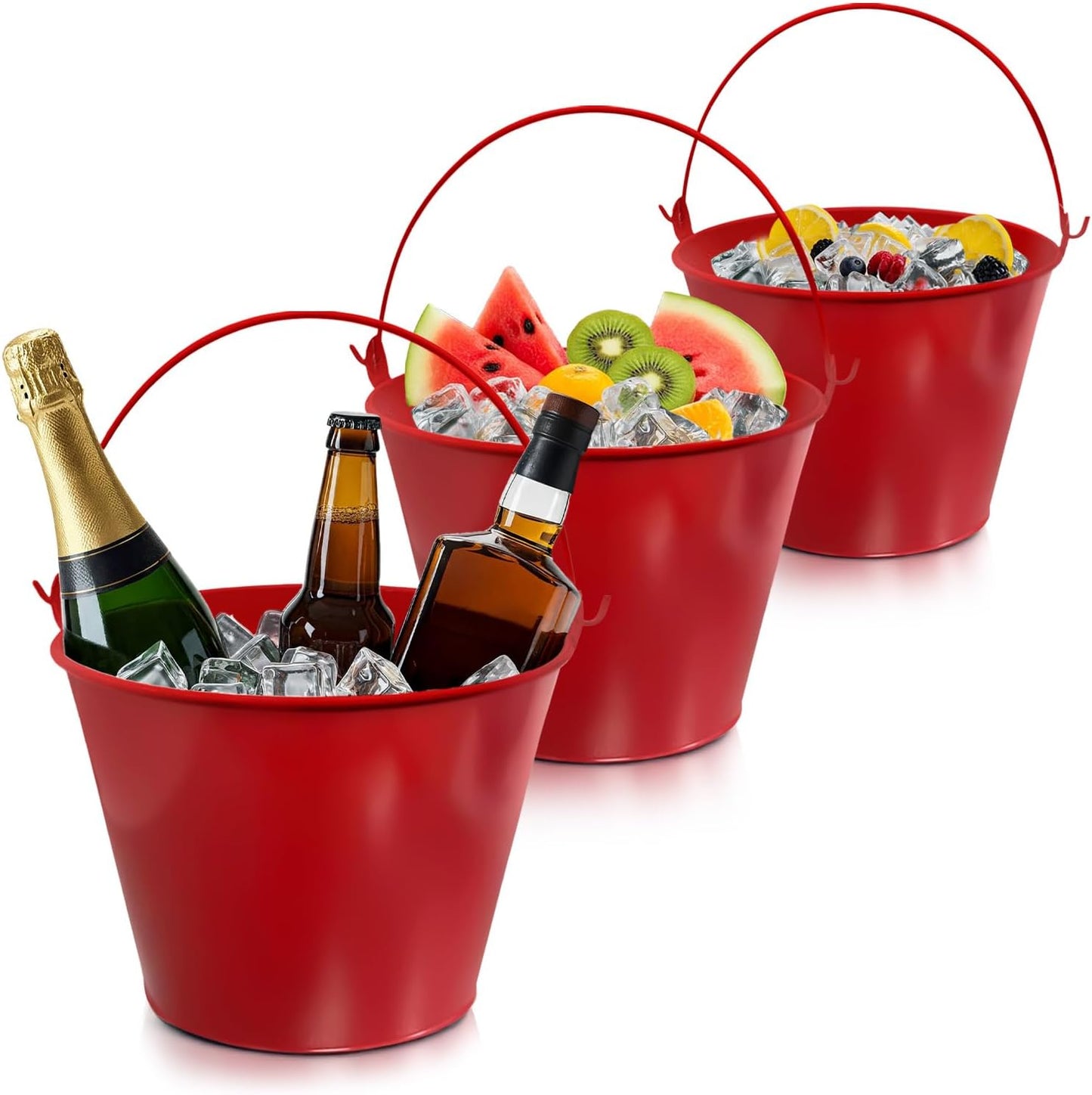 PLEXON Galvanized Metal Ice Bucket for Parties Coctail Bar Restaurant - Drink Beer Champagne Metal Pail Bucket with Handle, Beverage Chiller Cooler Small 1.3 Gallon, Red - Set of 3